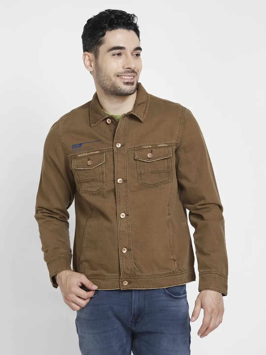 Spykar Men American Khaki Cotton Regular Fit Denim Jacket