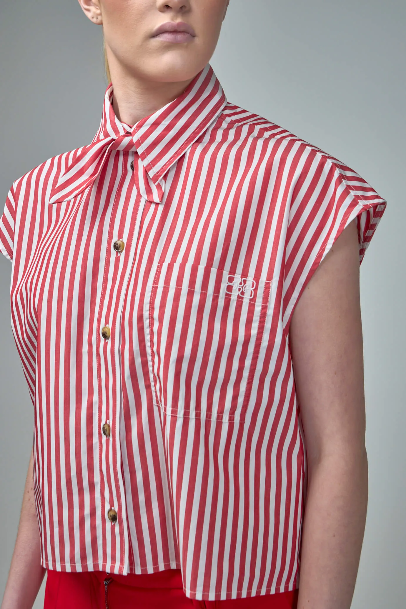 Stripe Cotton Tie Collar Shirt