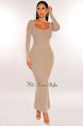 Taupe Vintage Wash Ribbed Long Sleeve Mermaid Dress