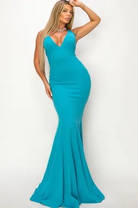 Teal Mermaid Deep V-neck Prom Maxi Dress