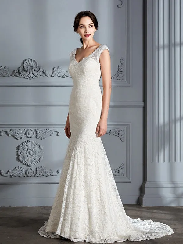 Trumpet/Mermaid Sleeveless V-Neck Lace Sweep/Brush Train Wedding Dresses